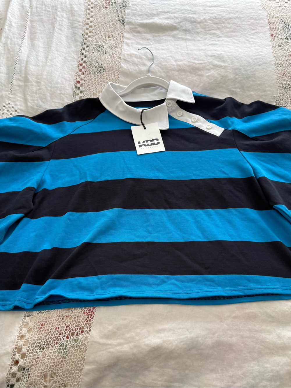 NWT KBB by KAHLANA The Asymmetric Striped Rugby T-Shirt XL Blue Limited Edition - Picture 8 of 11